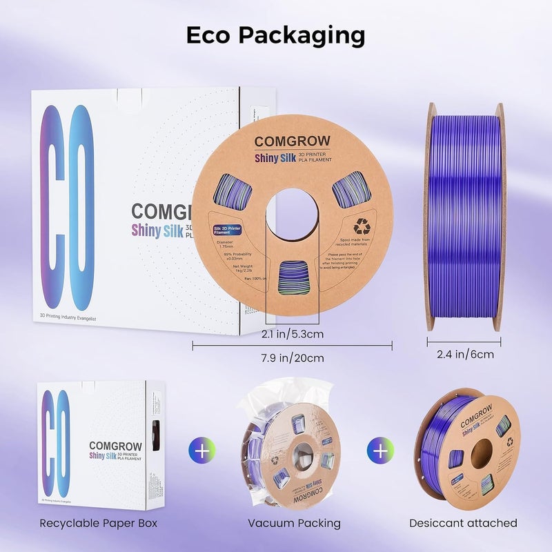 Comgrow Silk Shiny Blue Purple and Yellow 3D Printer Filament, 3D Printing Materials Silk PLA 1.75mm, 3D Printing Filament +/-0.02mm, 1kg/2.2lbs Silk PLA - Image 4